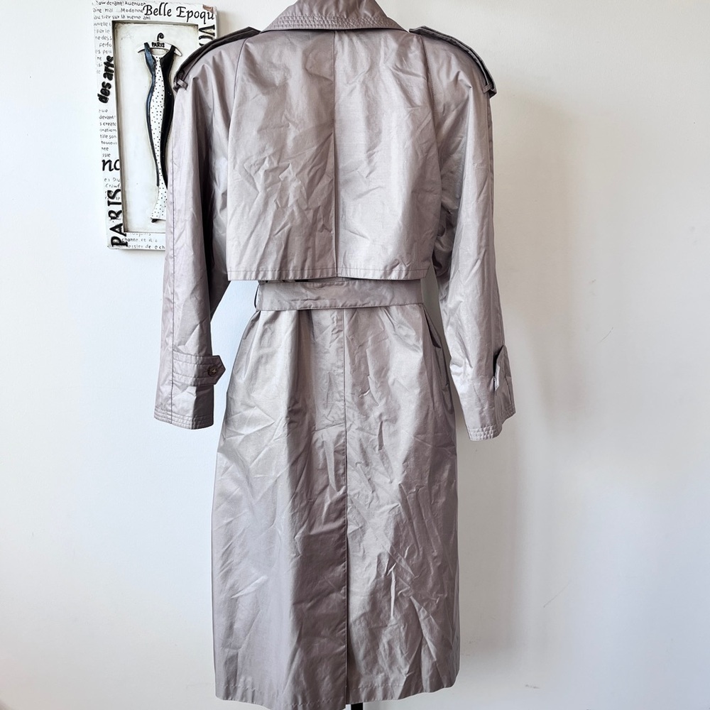 Vintage Minimalist Nylon Double Breasted Tan Trench Raincoat Size 6 - Picture 5 of 14